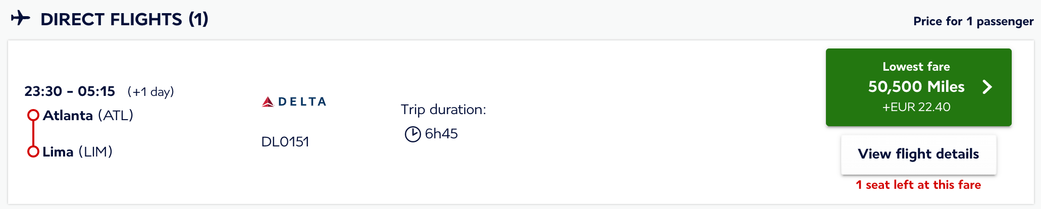 ATL to LIM Delta ticket on Flying Blue website