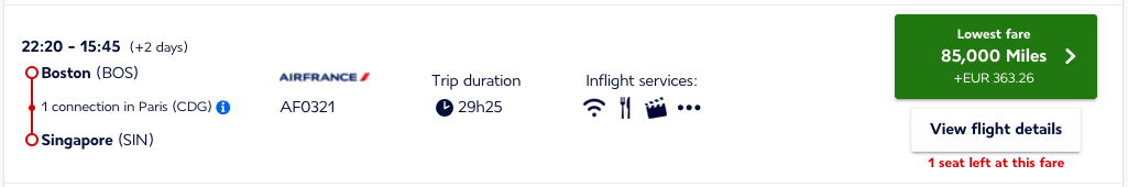 BOS to SIN Flying Blue Award Ticket