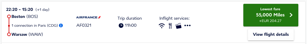 BOS to WAW Flying Blue Award Ticket
