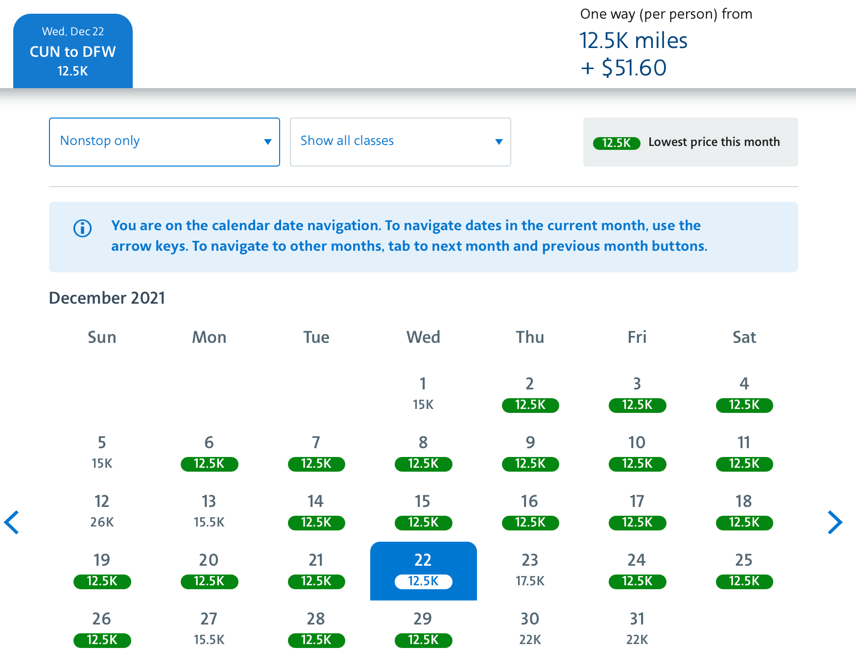 CUN to DFW award space