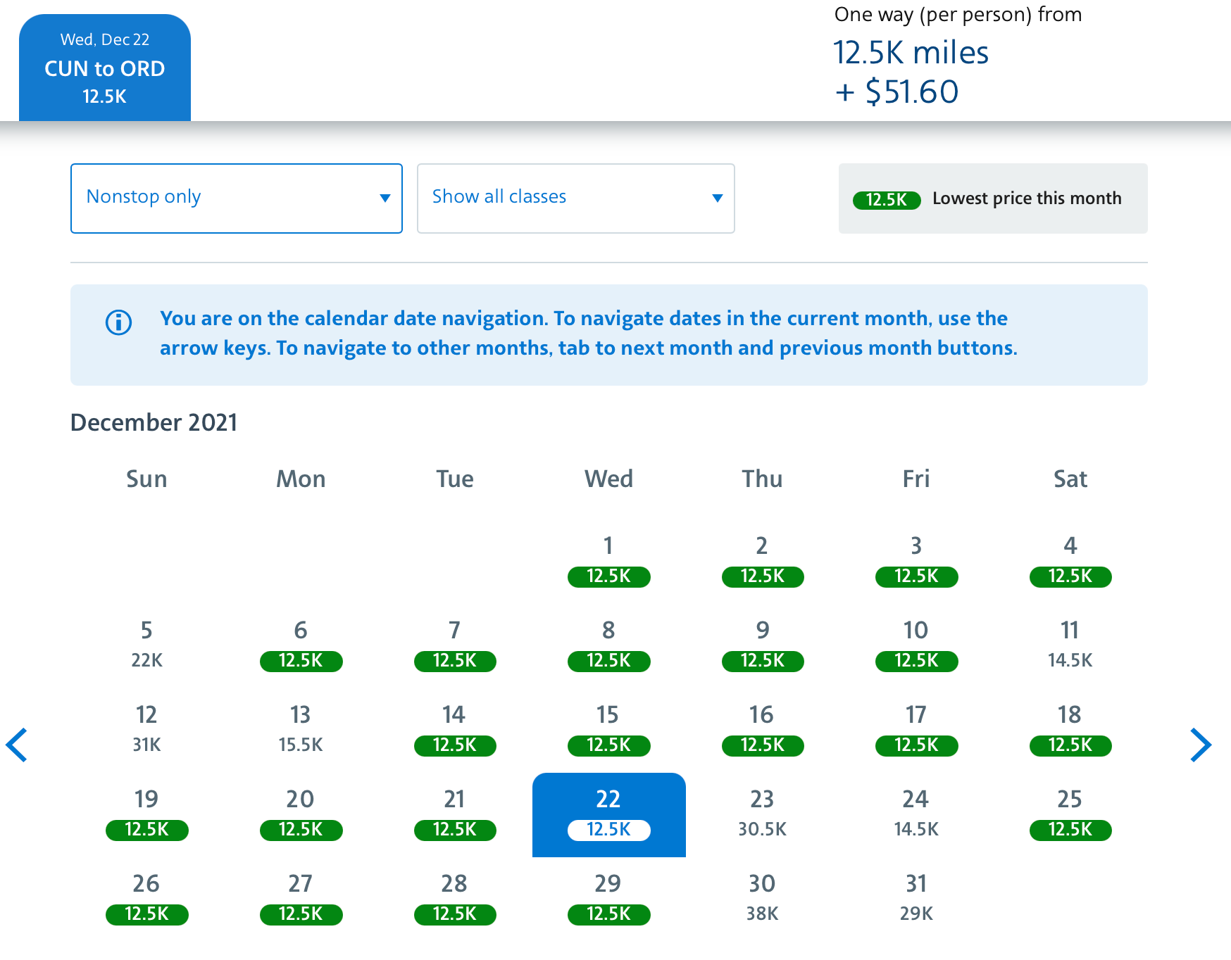 CUN to ORD award space