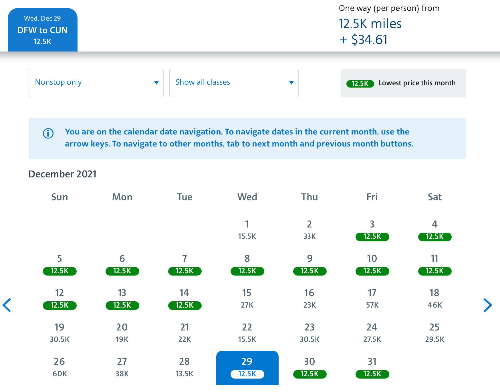 DFW to CUN award space