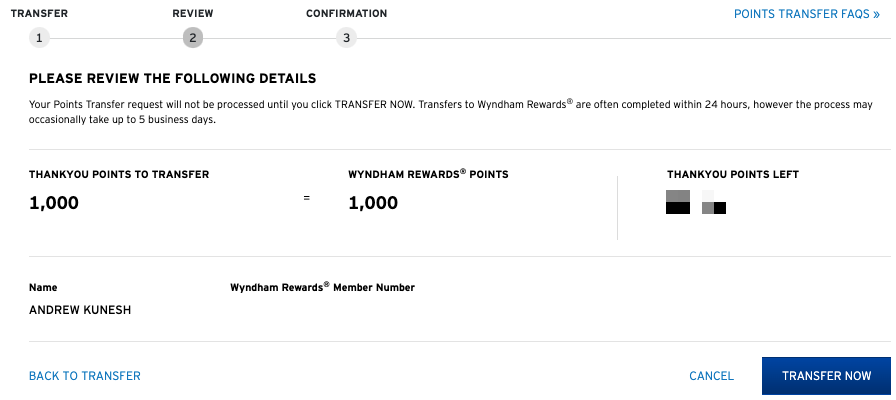 Finalizing Wyndham Rewards transfer