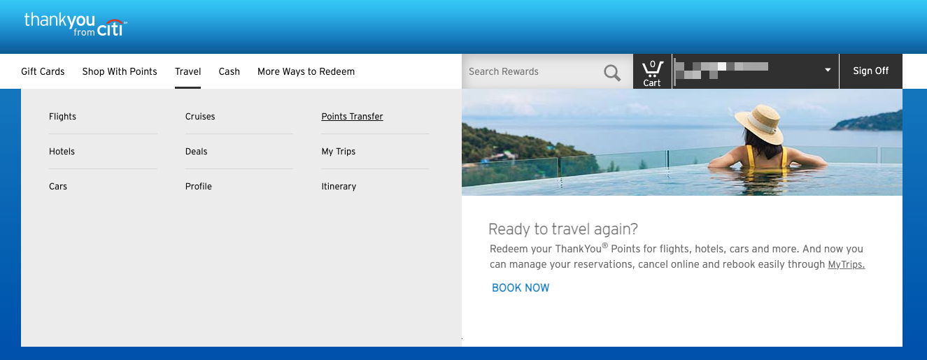 Finding points transfer screen on Citi ThankYou portal