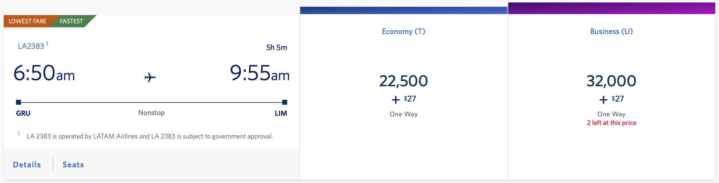 GRU to LIM SkyMiles award ticket