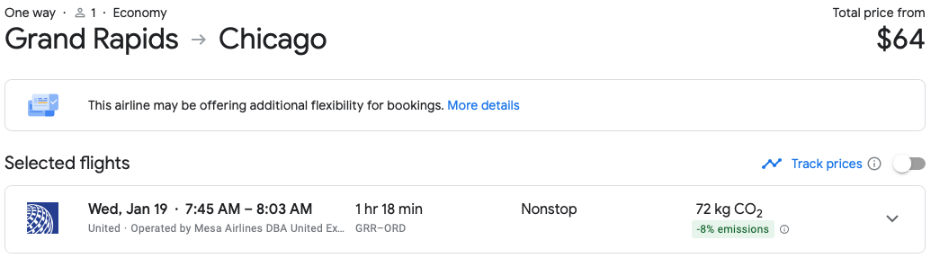 Google Flights itinerary for GRR to ORD
