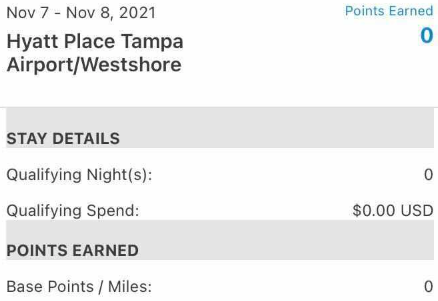Hyatt stay showing no points earned
