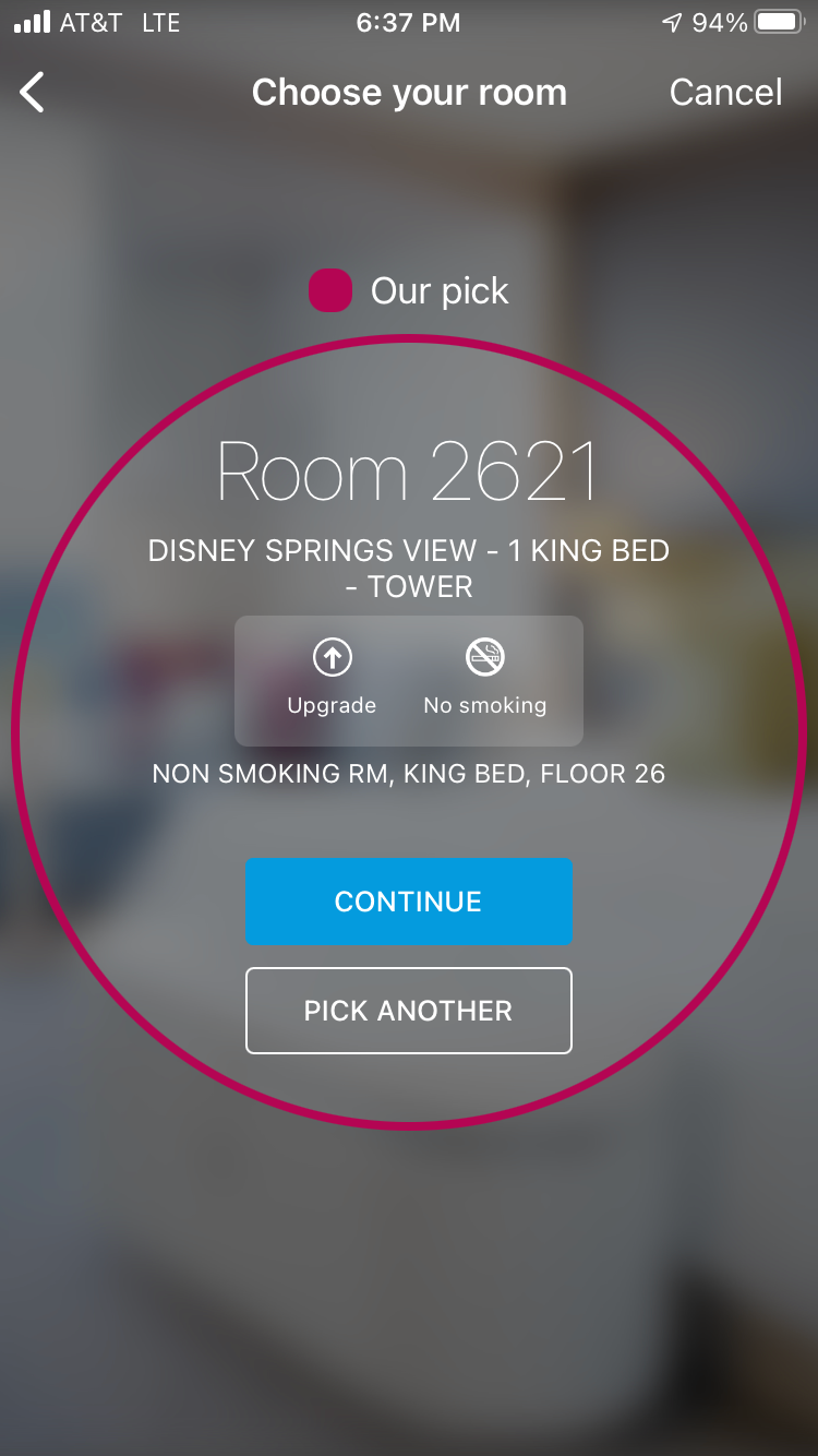Room selection on Hilton Honors app