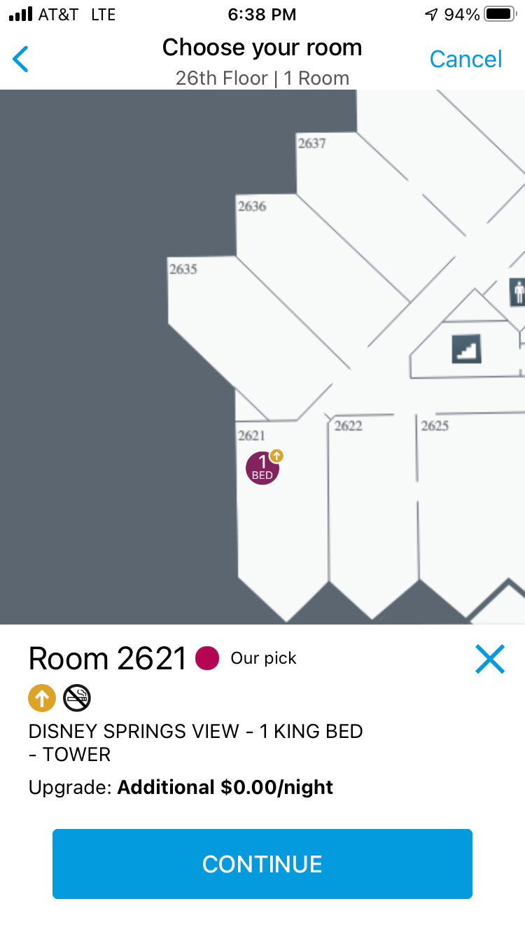 Room selection from map on Hilton Honors app