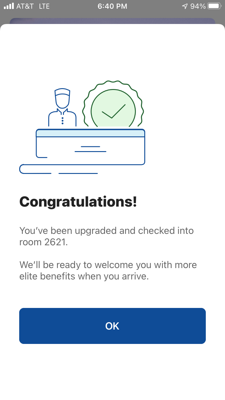 Hilton Honors app upgrade confirmation at check in