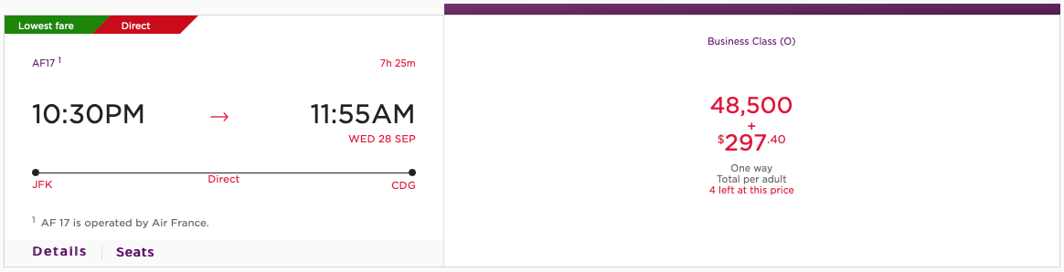 JFK to CDG Virgin Atlantic award ticket operated by Air France