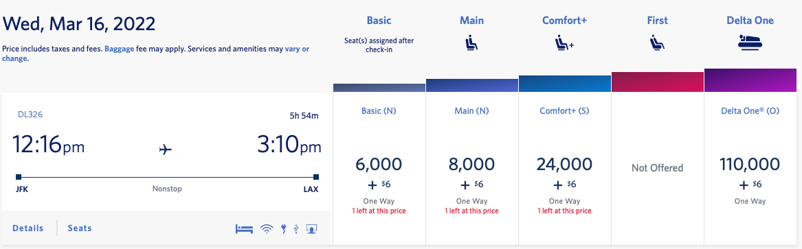 JFK to LAX SkyMiles award