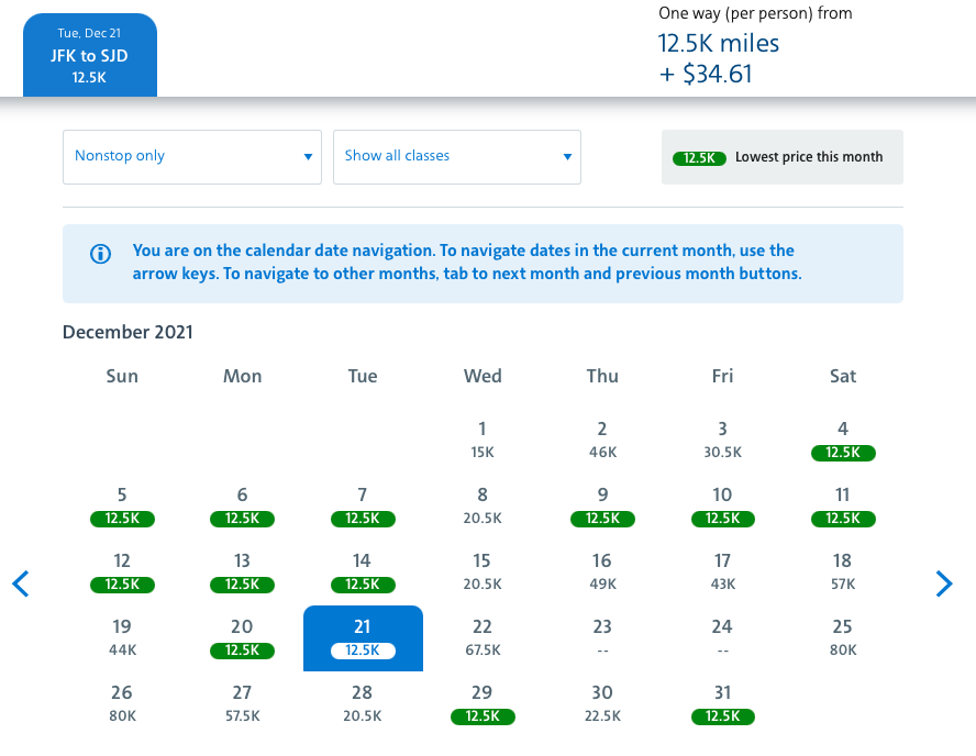 JFK to SJD award space