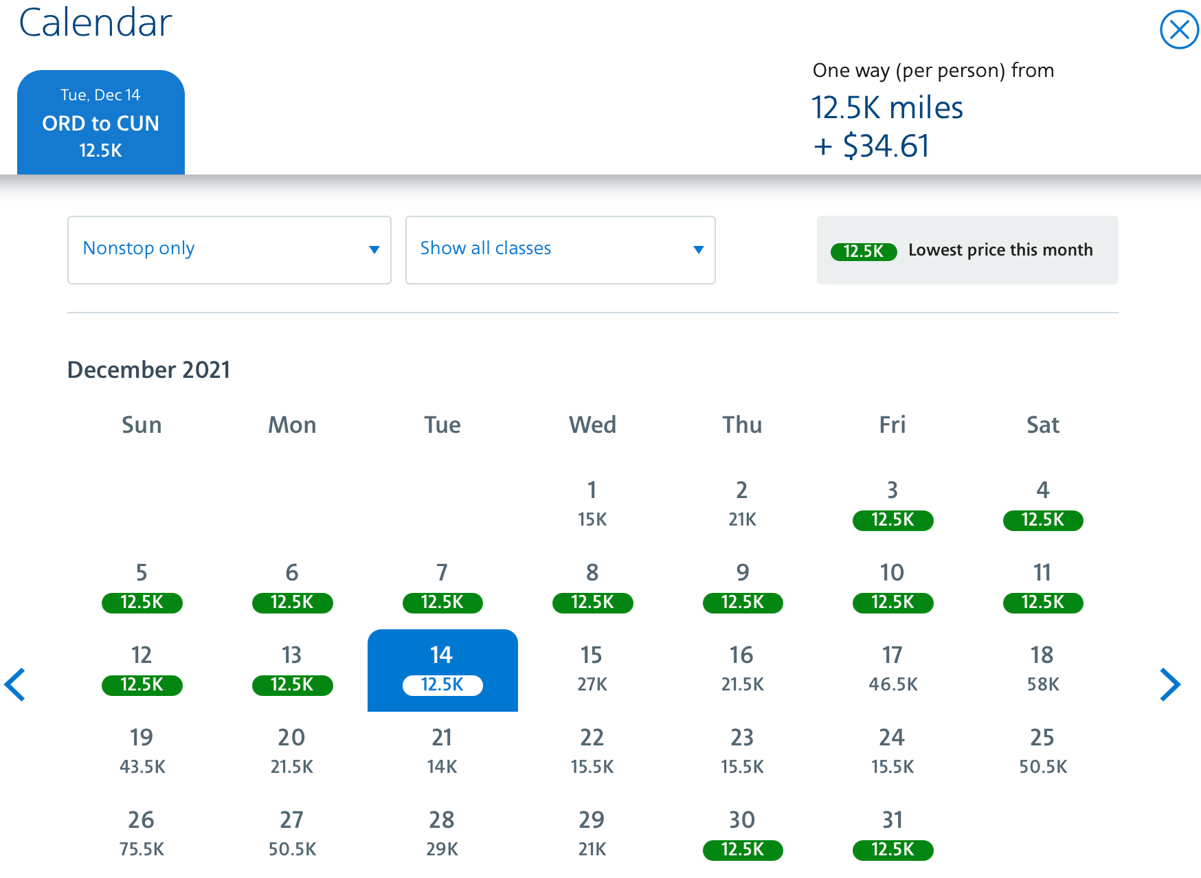 ORD to CUN award space
