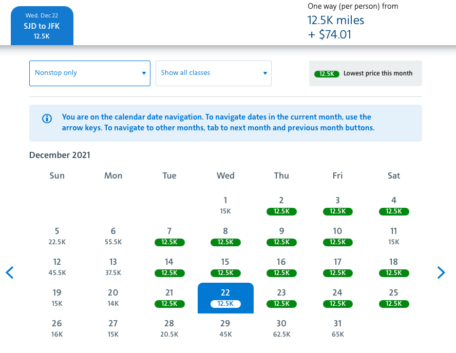 SJD to JFK award space