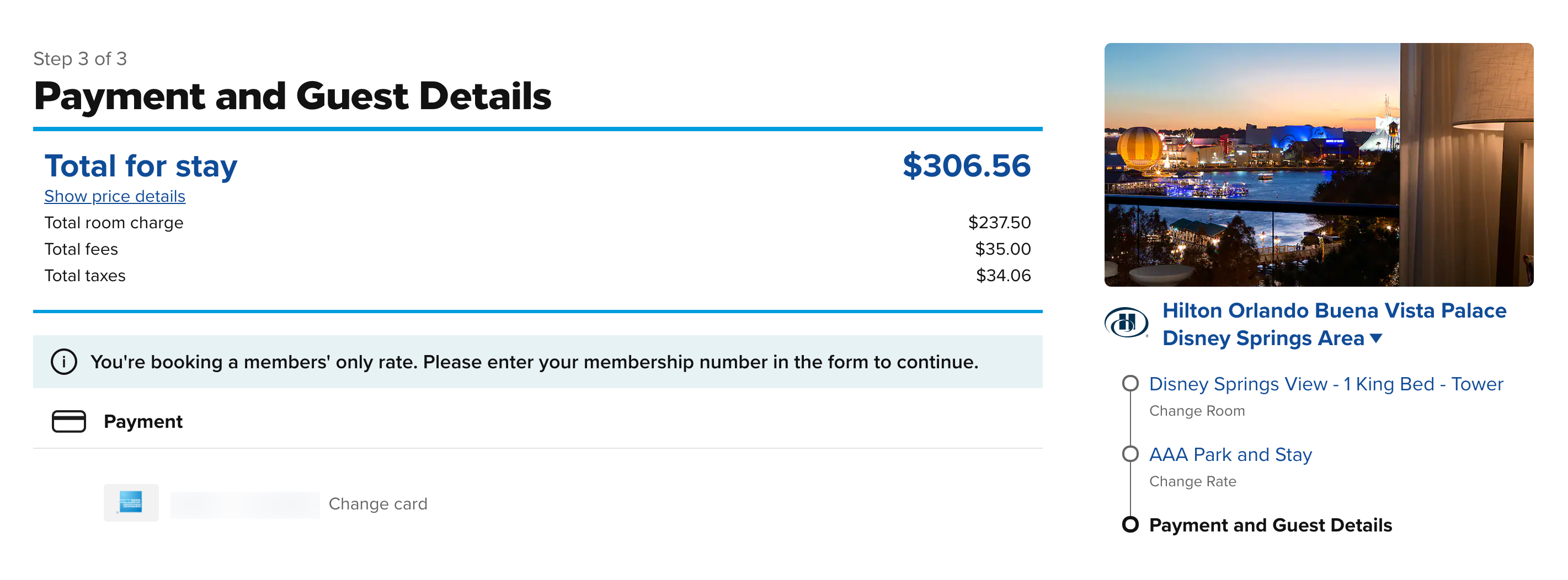 Sample booking at the Hilton Orlando Buena Vista Palace