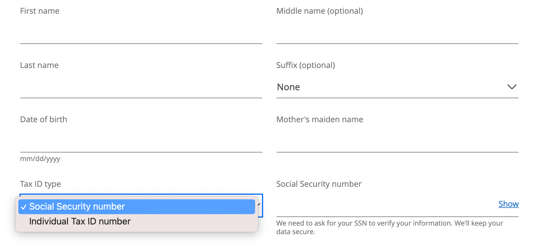 input fields for a credit card application