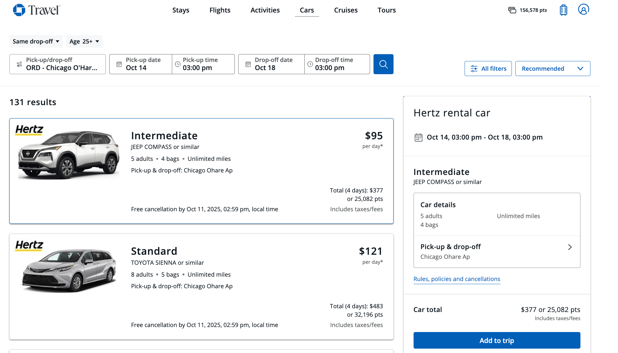 Chase Travel rental car search