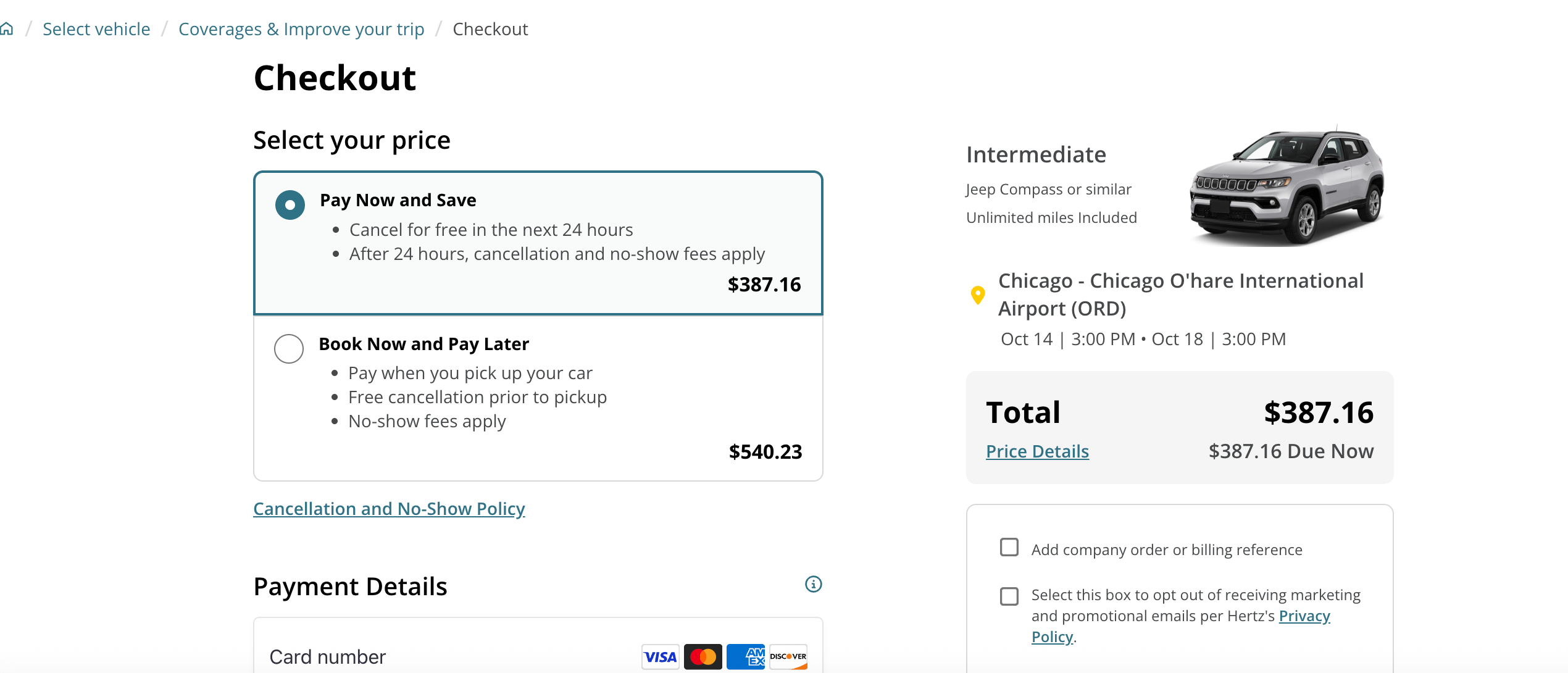 Hertz rental car price for Chicago
