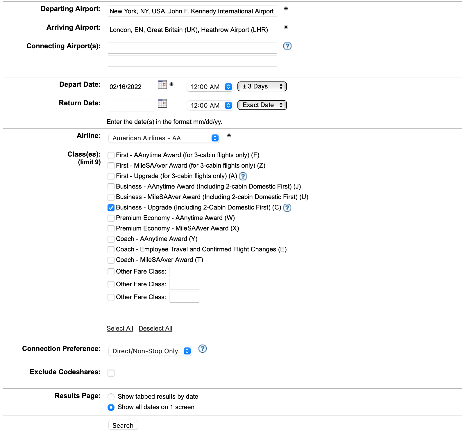 Setting up upgrade search with ExpertFlyer
