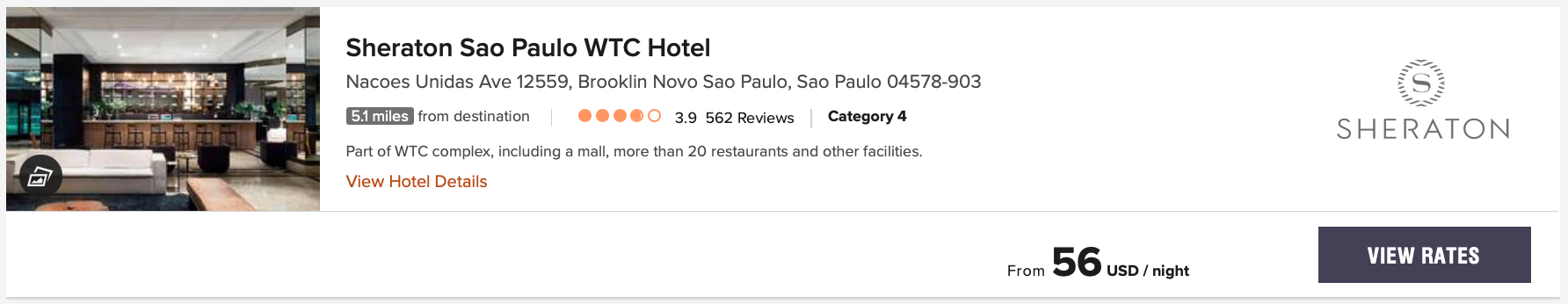 Sheraton Sao Paulo WTC nightly rate