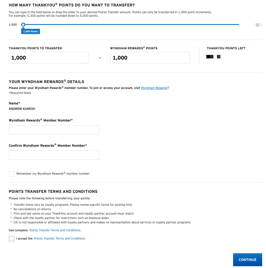 Starting a Citi transfer to Wyndham Rewards