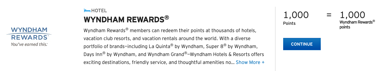 Wyndham Rewards transfer option on the Citi ThankYou portal