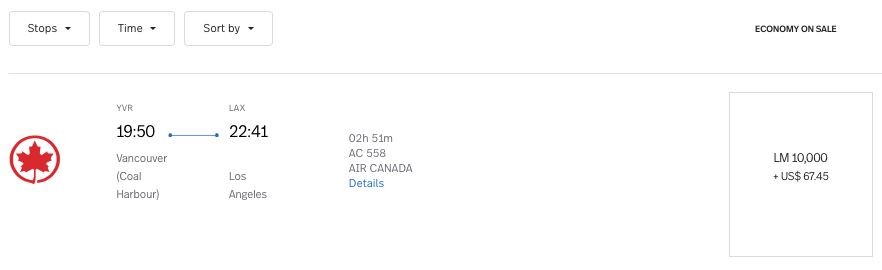 YVR to LAX LifeMiles award ticket