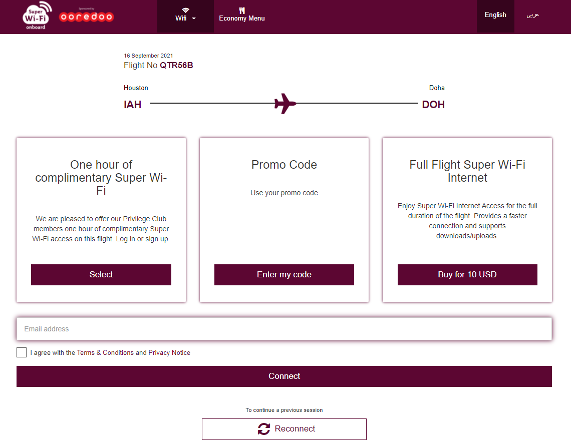 Qatar's buy wifi page onboard