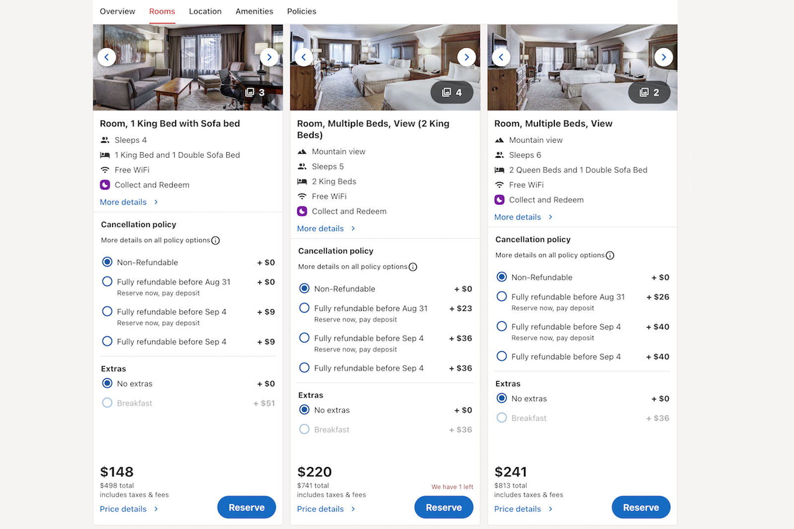 different room rate options, including the ability to add breakfast for an additional charge