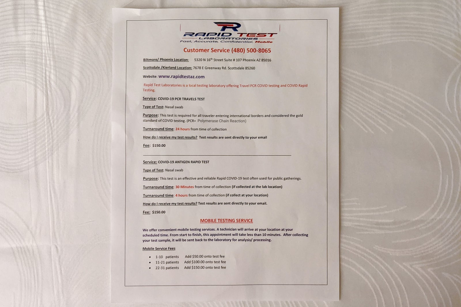 COVID-19 testing information sheet