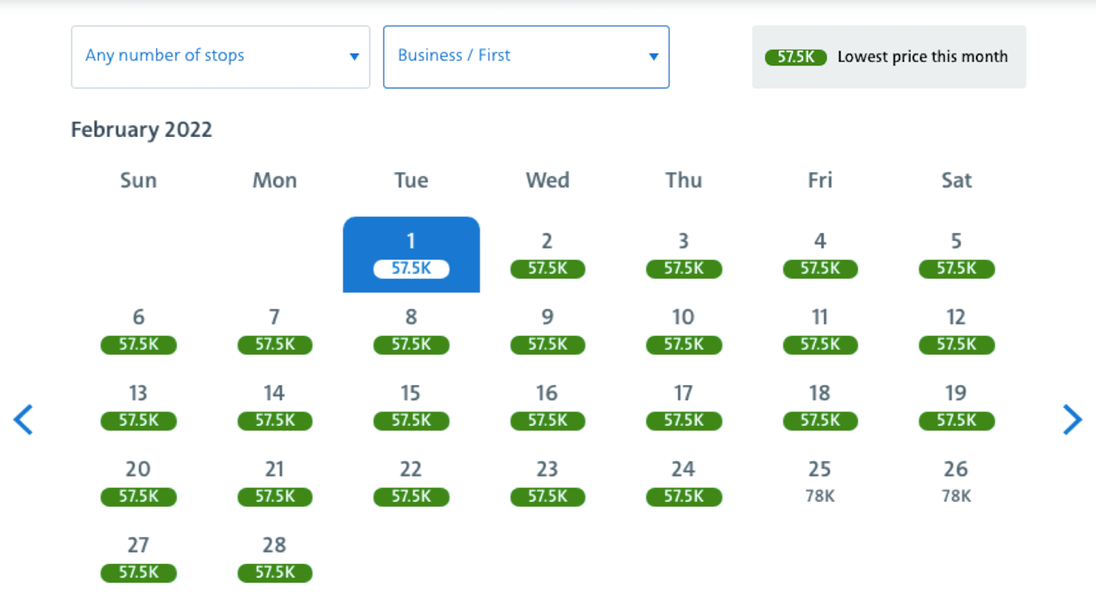 American Airlines award calendar