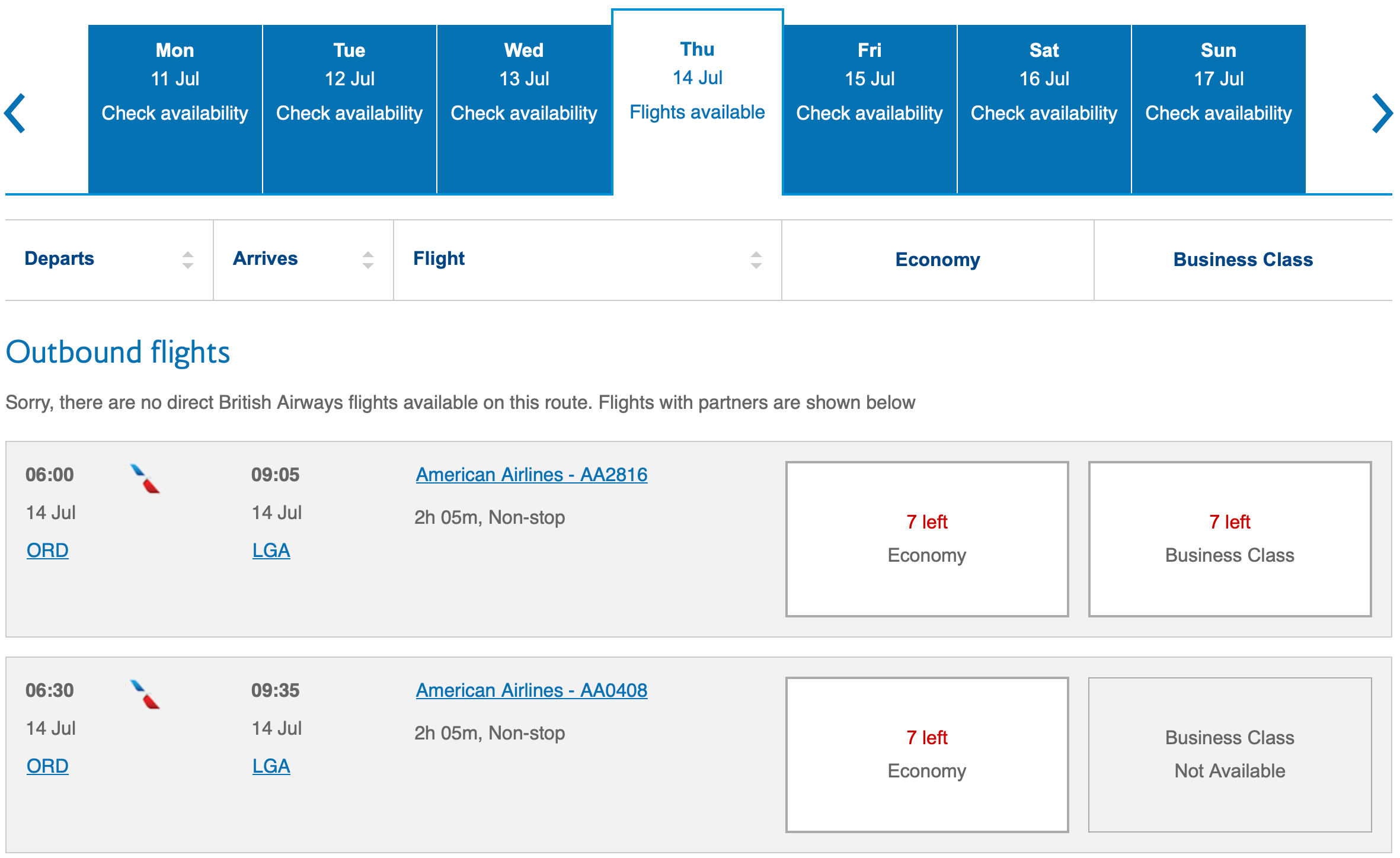 AA awards showing on BA website