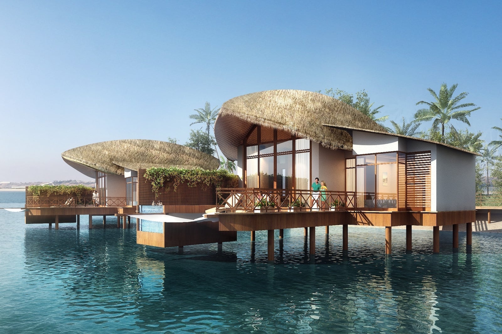 rendering of overwater bungalow with plunge pool and large deck