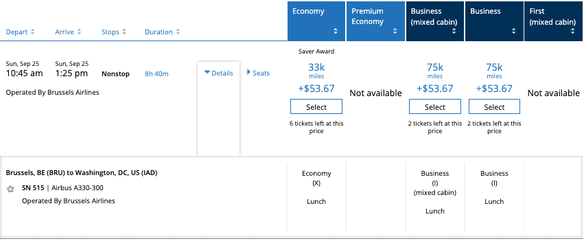 Brussels Airlines BRU to IAD award space on United website