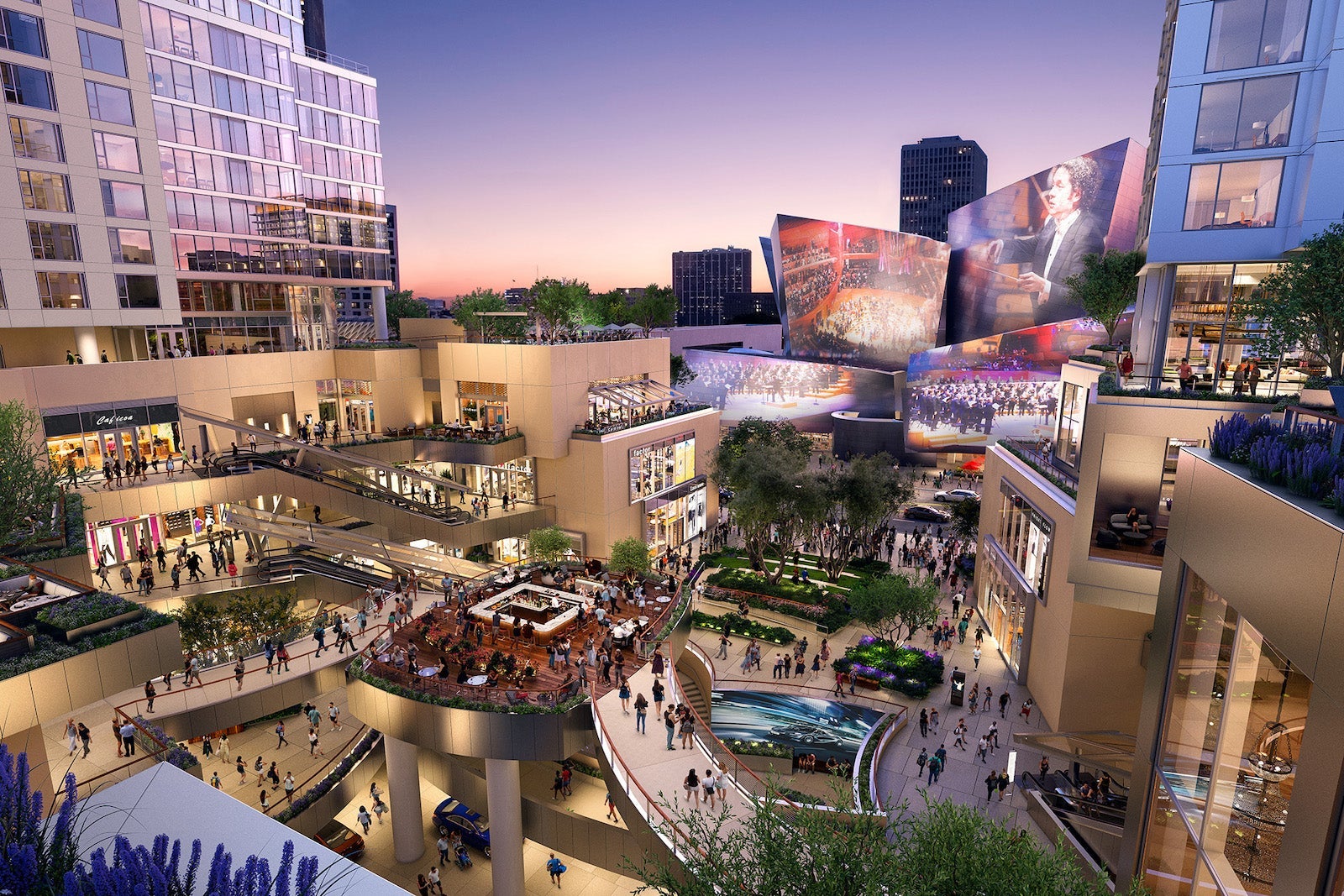 large mall plaza with Walt Disney Concert Hall in the distance