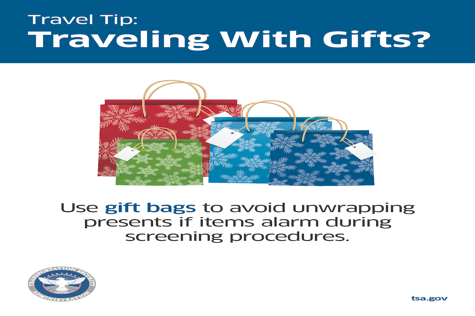 Screenshot of TSA tip for traveling with gifts (Avoid traveling with wrapped presents — use gift bags)