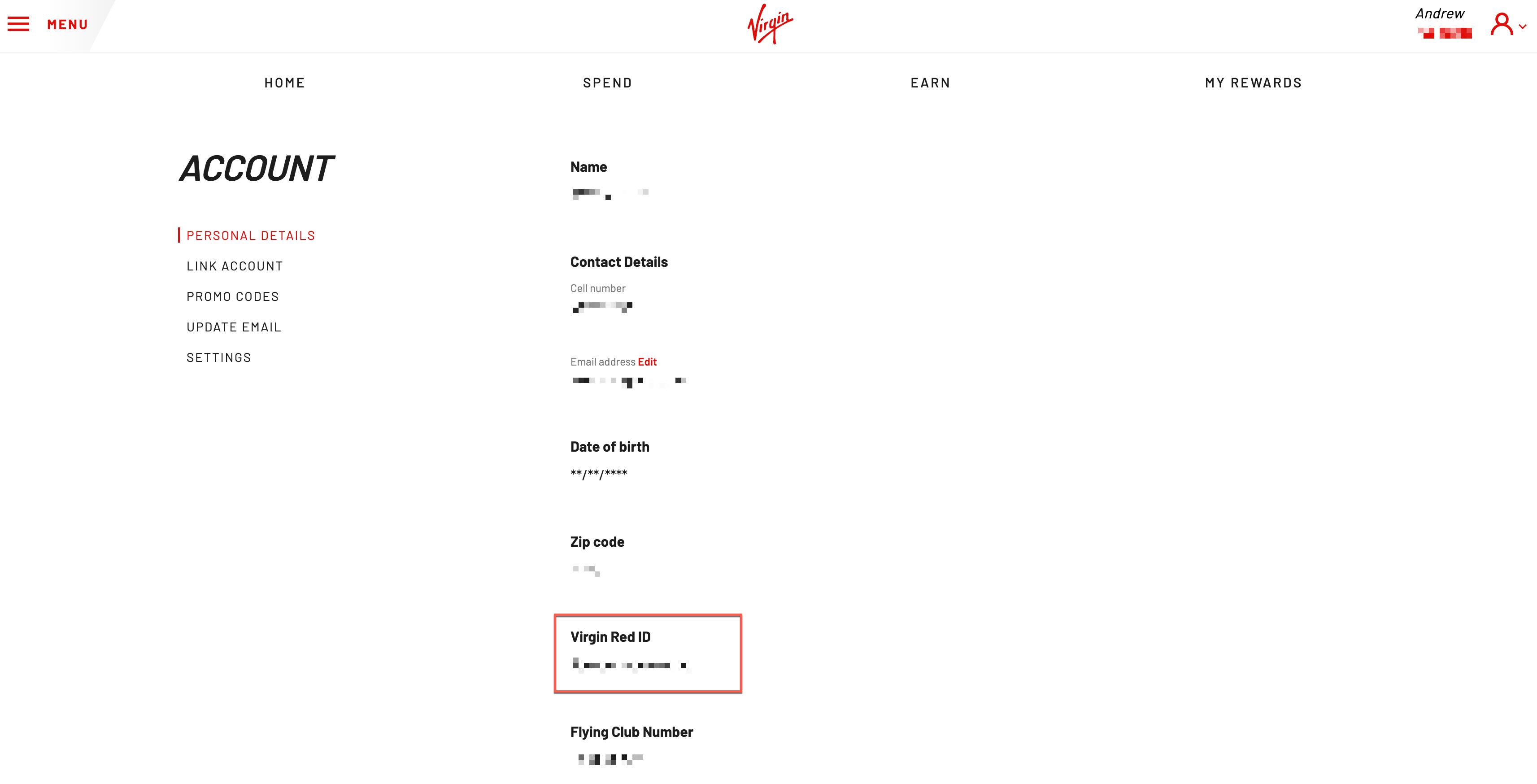 Finding Virgin Red ID on the account page