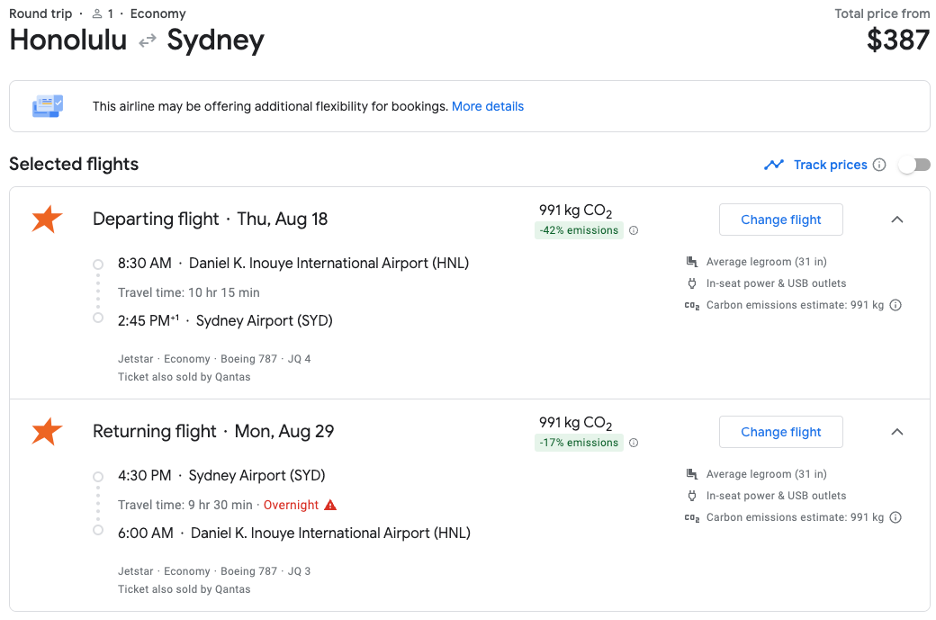 HNL to SYD Jetstar flight on Google Flights
