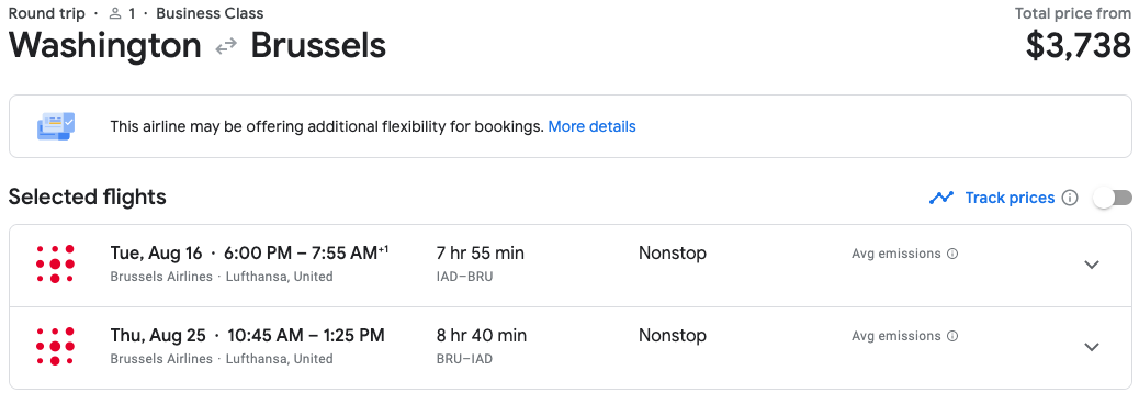 IAD to BRU in Google Flights