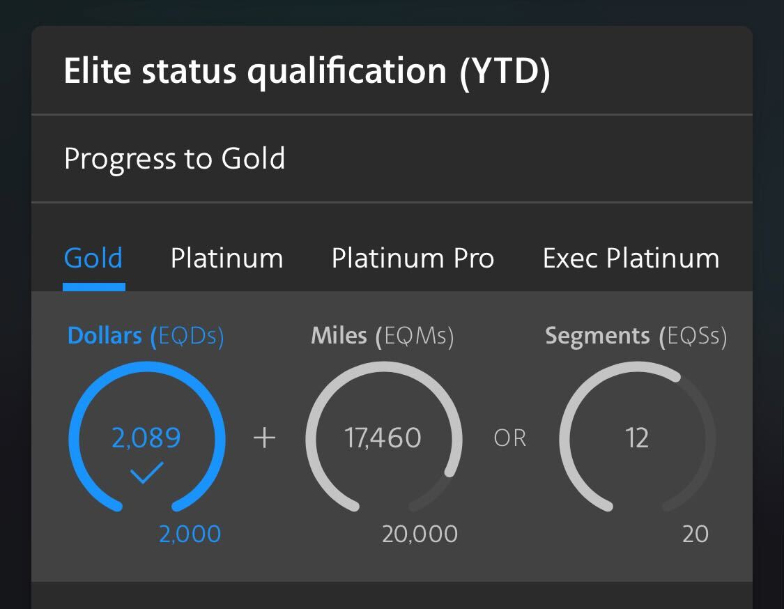screenshot of the elite status tracker in the American Airlines app