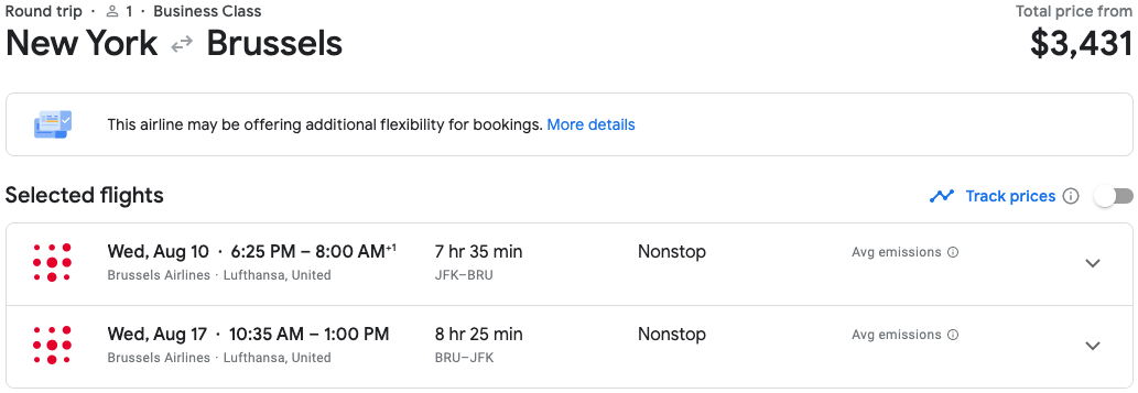 JFK to BRU in Google Flights