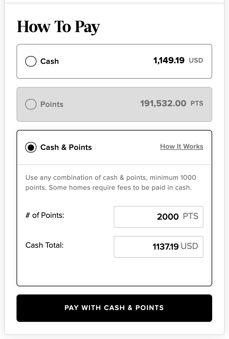 Marriott Home and Villas points and cash booking