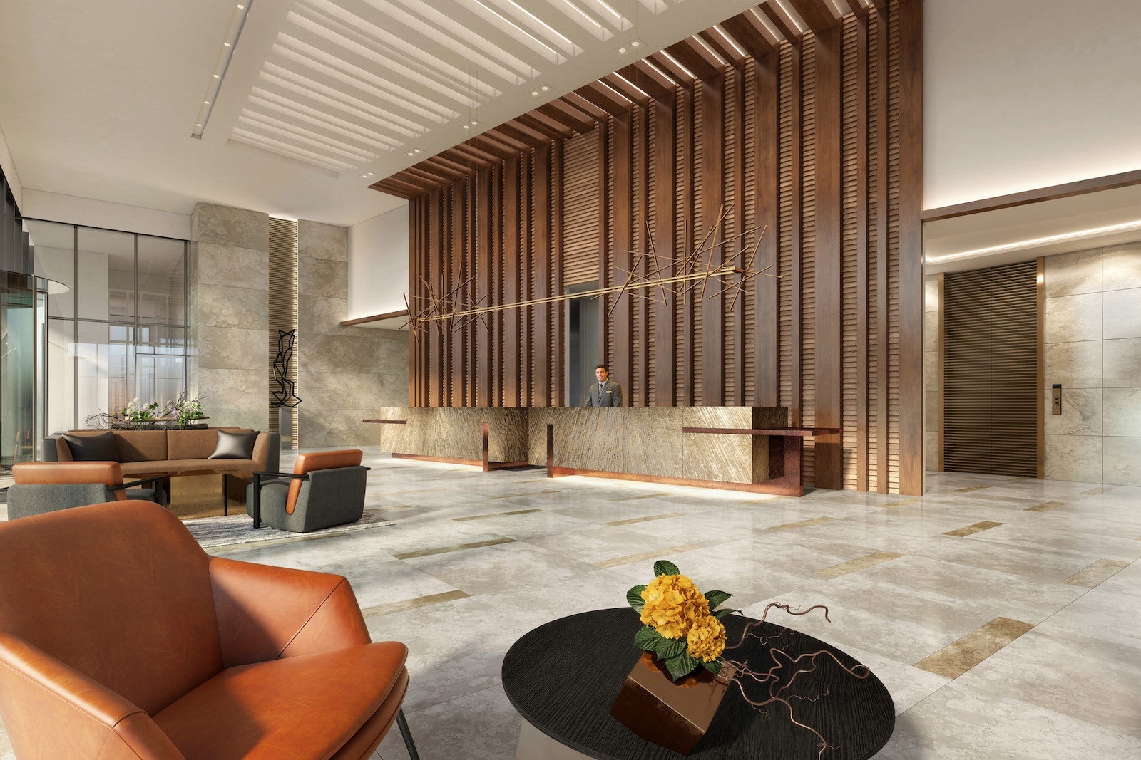 hotel lobby with tall wooden wall