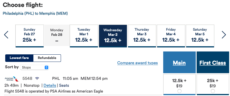 PHL to MEM on AS website