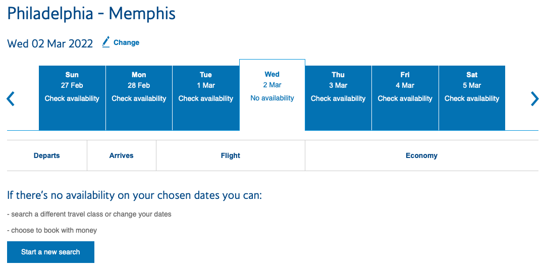 PHL to MEM on BA website