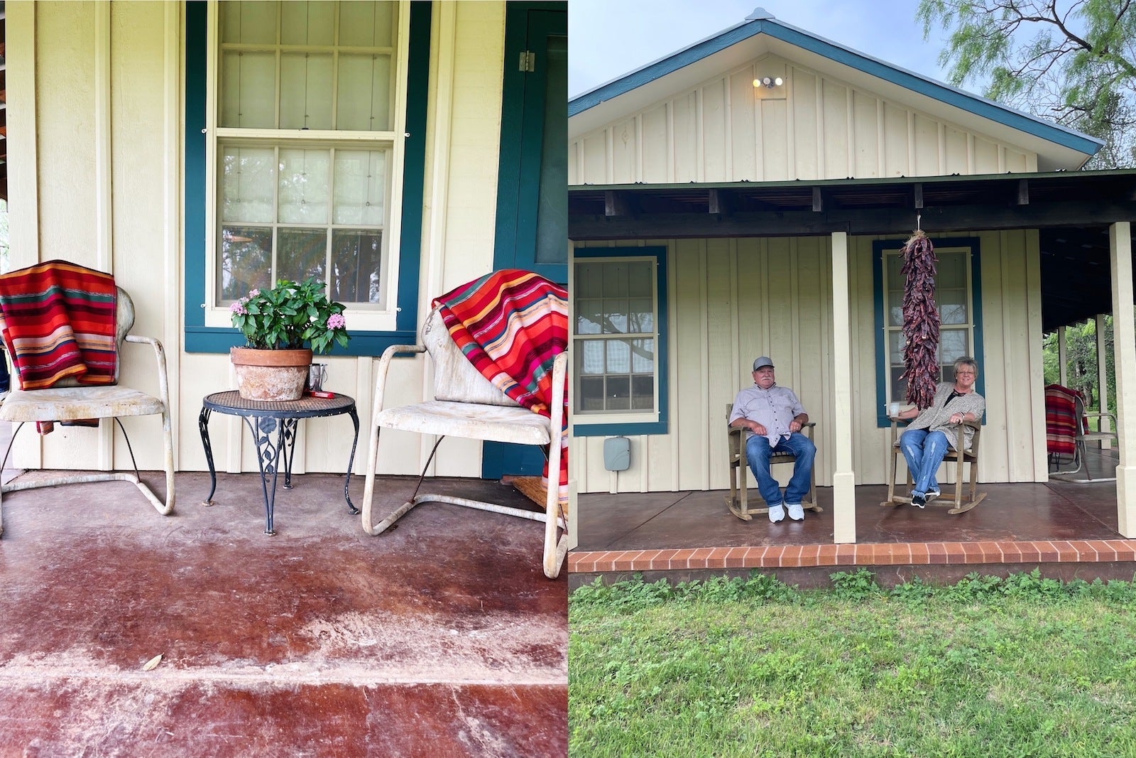 left: two chairs with blankets on patio; Right: man and woman sitting in rocking chairs under wrap around roof