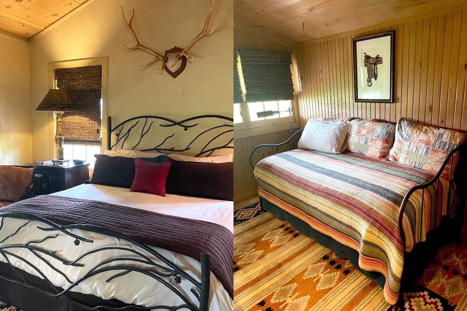 Left: king size bed with antlers over bed; right: day bed with framed photo of saddle
