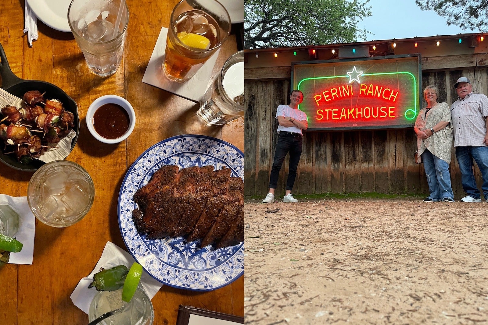 Left: overlooking photo of steak, iced tea, and food; Right; family standing in front of neon restaurant sign