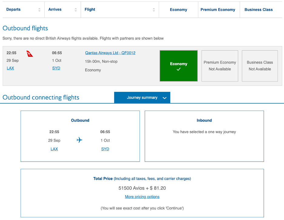 British Airways award to Australia